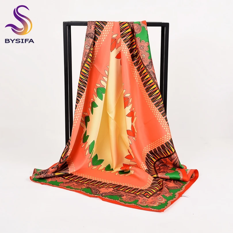 [BYSIFA] Women Square Satin Silk Scarf Brand Large Scarves Thicken Muslim Head Scarf Cape Lake Blue,Rose Red,Coffee,Beige,Yellow