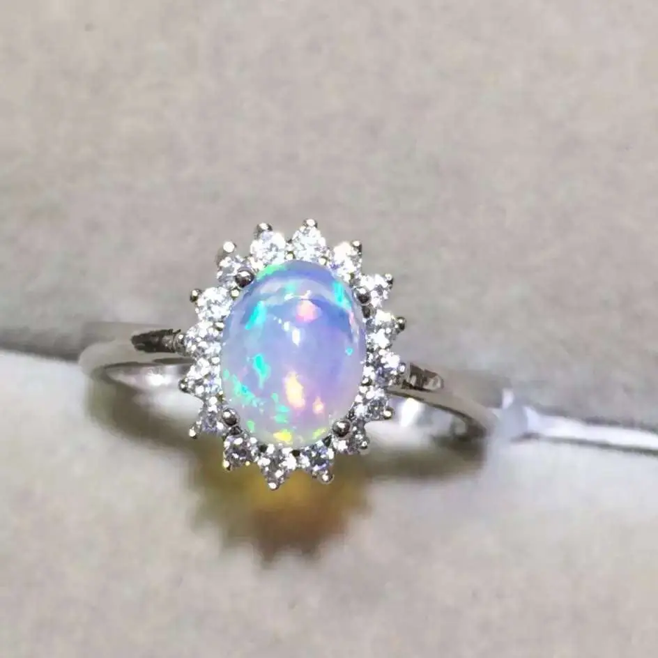 Natural opal woman rings with fire color mysterious 925 silver adjustable size