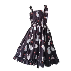 Black&Pink Bunny Strawberry Printed Suspender Straps Dress Japanese Soft Sister JSK Pretty Girl Lovely Kawaii Overalls Dresses