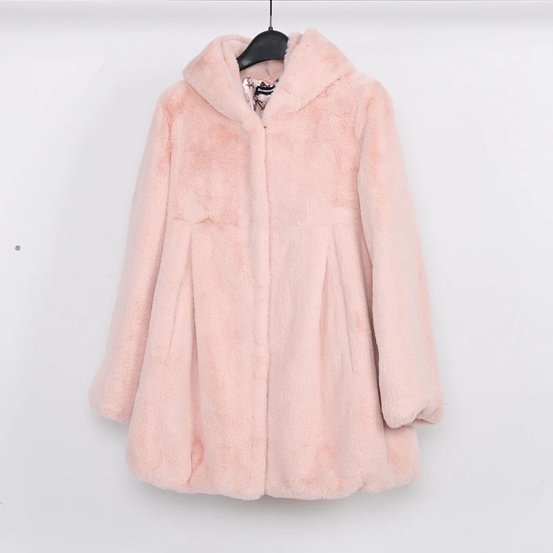 Nerazzurri Autumn Pleated Soft Furry Faux Fur Coat Women with Hood High waist Black Red Pink Light Soft Fluffy Jacket 2021