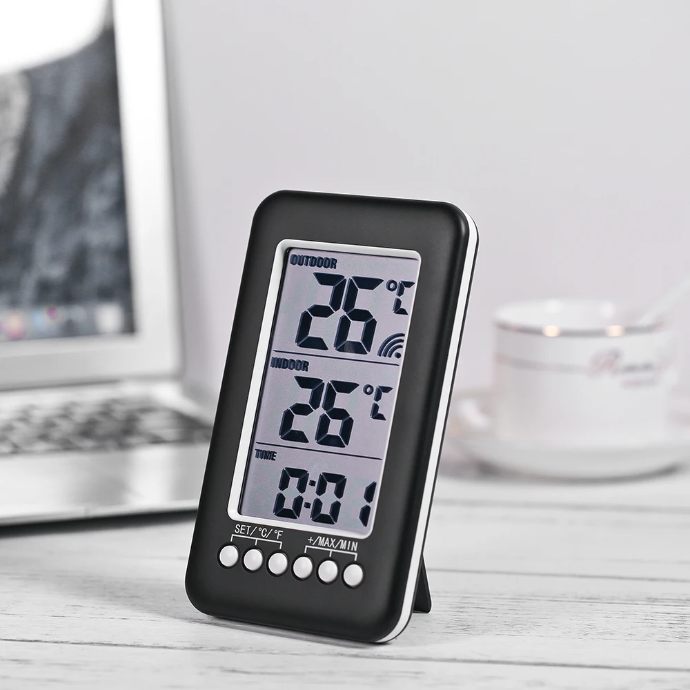 مقياس الحرارة الرقمي مع وظيفة الساعة في الهواء الطلق داخلي LCD درجة الحرارة اللاسلكية موازين الحرارة الإلكترونية محطة الطقس