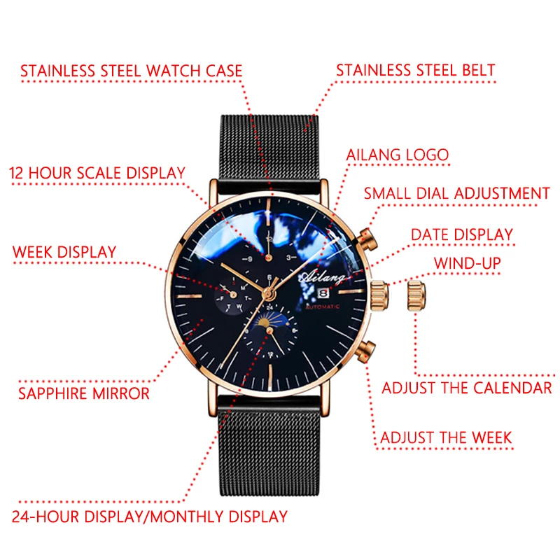 AILANG Men\'s Mechanical Automatic Fashion Top Brand Sport Watch Tourbillon Moon Phase Stainless Steel Watch Male Clock