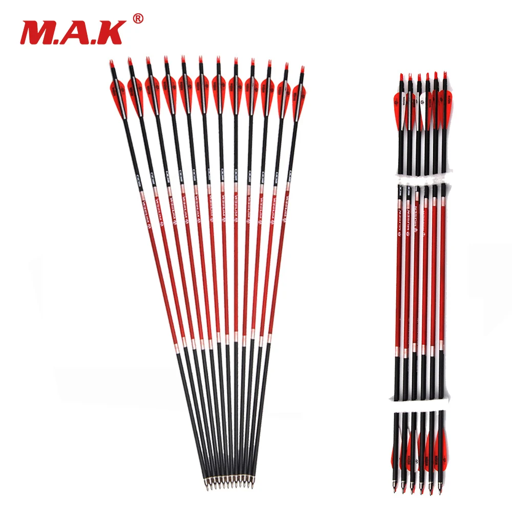 12/24pcs Carbon Arrows 30 Inches Spine 500 OD 7.8mm with 2 Red 1 White Feathers Replaceable For Hunting