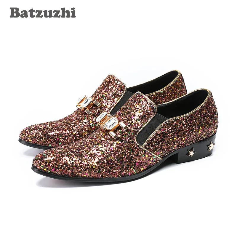 2025 Handmade Men Shoes Pointed Toe Brown Glitter Men Leather Dress Shoes Crystal Leather Heels with Stars Wedding Party Shoes