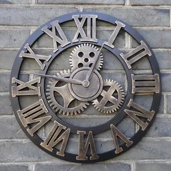 Handmade Oversized 3D Retro Rustic Decorative Luxury Art Big Gear Wooden Vintage Large Wall Clock