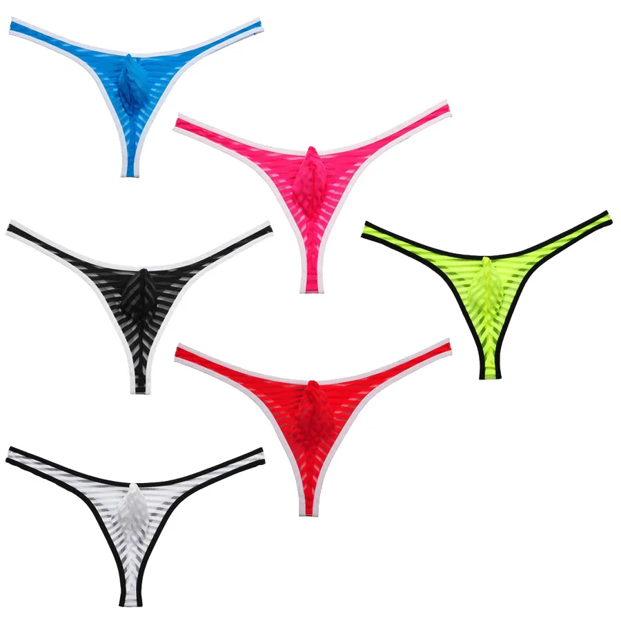 

6PCS/Lot Transparent Sexy See-Through Men's Bikini Thongs Underpants Smooth Striped G-strings Pouch Shorts Gay Male Underwear