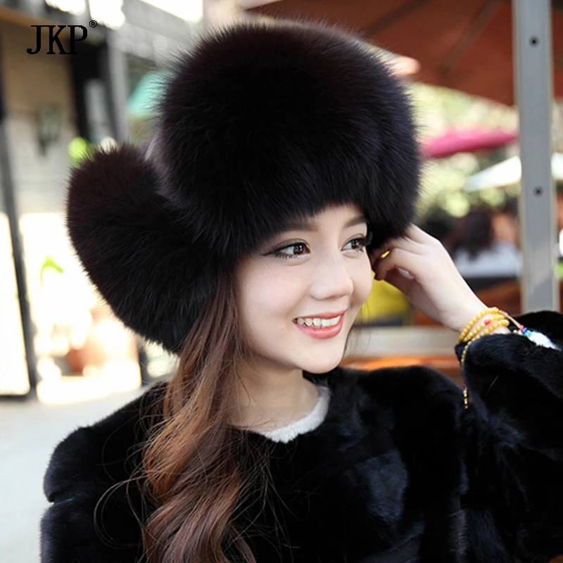 Genuine Fox Fur Hat Women Fox Fur Skullies Beanies Winter Warm Hats Natural Fox Cap Bomber Hats