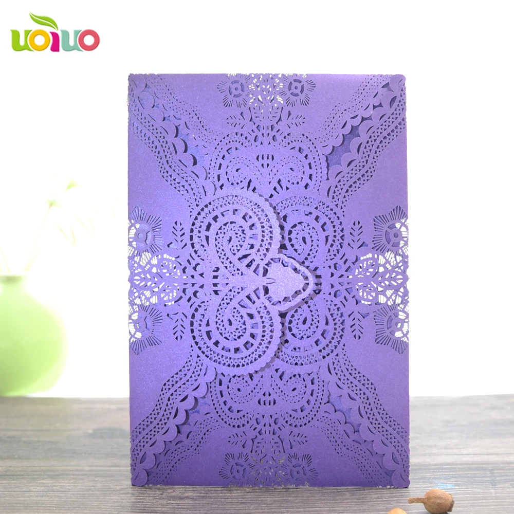 

50pc Sample Laser Cut purple four fold Marriage Wedding Invitations Cards Greeting Cards Postcard Event Party Supplies