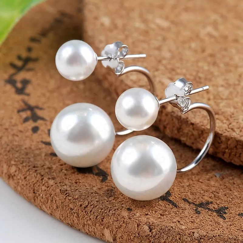 New Arrival Pure 925 Sterling Silver SilverDouble Natural Round Pearl Beads Stud Earrings For Woman Wedding Fine Jewelry Gift