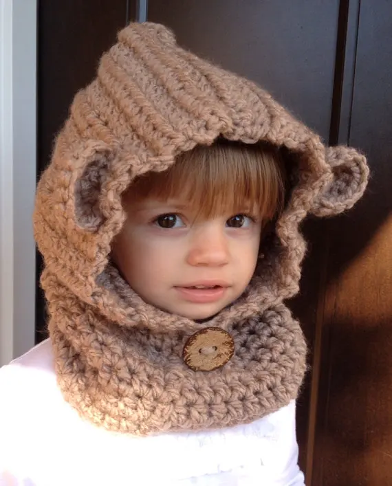 

children's brown Bear Hat - baby Bear Hoodie - Bear Cowl - Animal Hat - Hooded Scarf - Crochet Hoodie - Chunky Crochet Hats caps