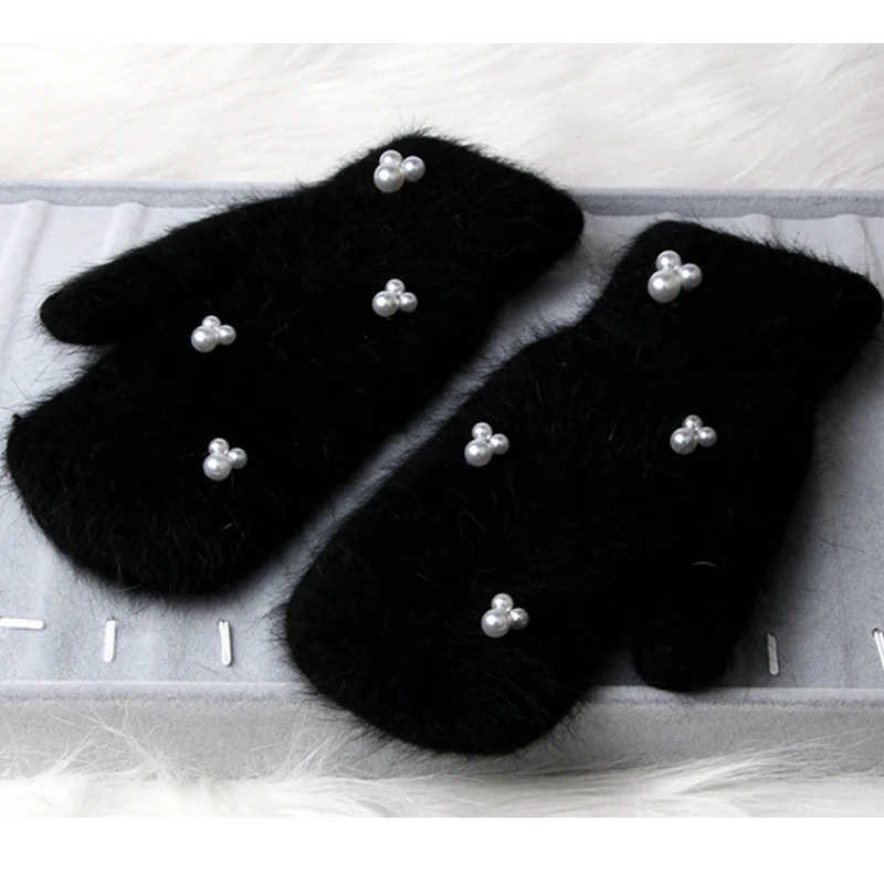 2018 Winter Gloves women Luxury Pearl Rabbit fur  Double warm full finger gloves For female winter gloves girls Mittens guantes