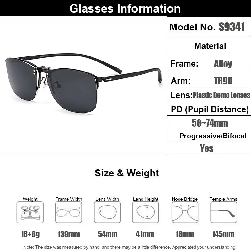 Gmei Optical Men Square Ultralight Titanium Alloy Semi-Rimless Glasses Frame Polarized Clip on Sunglasses S9341