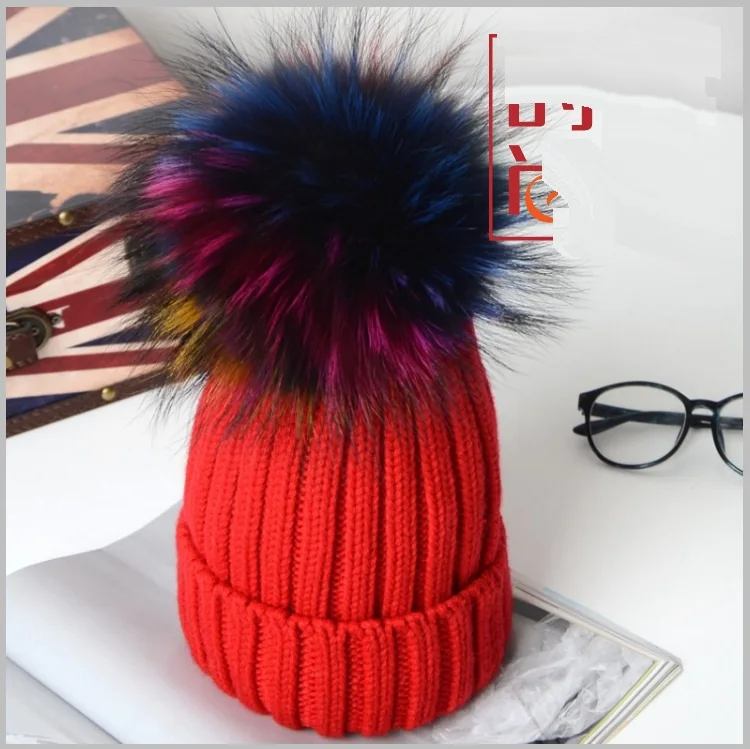 Winter Rainbow Color Real Fur Pompom Knitted Hats Kids Casual Thick Acrylic Striped Beanies Caps Girls