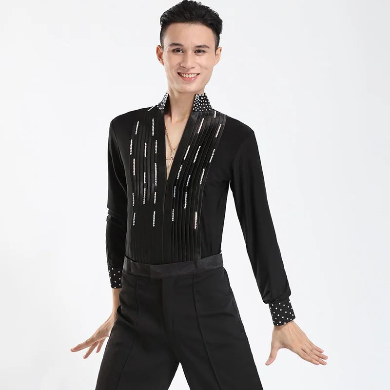 2021 Autumn adult Latin Dance Shirts Male Black Long Sleeve Shirt Men Tops Ballroom Samba Cha Competition Performance Wear