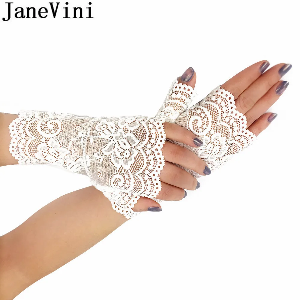 Janeini luvas de casamento sem dedos, elegante, sem dedos, branco, cáqui, preto, renda, noivas, mulheres, curto, luva de pulso, laço