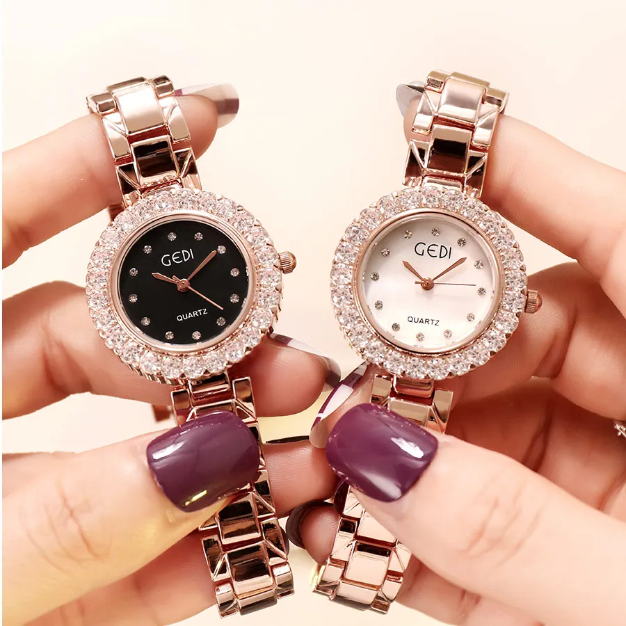 Imagem -06 - Gedi Ver Women Quartz Rose Gold Veres Ladies Clock Top Brand Rhinestone Luxury Female Wrist Ver Girl Relógio Feminino