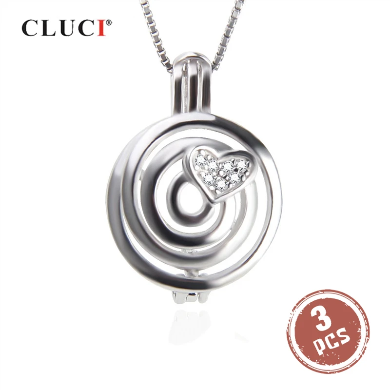 

CLUCI 3pcs 925 Sterling Silver Cage Pendant Fine Jewelry For Women Silver 925 Heart Pearl Zircon Locket Pendant SC312SB