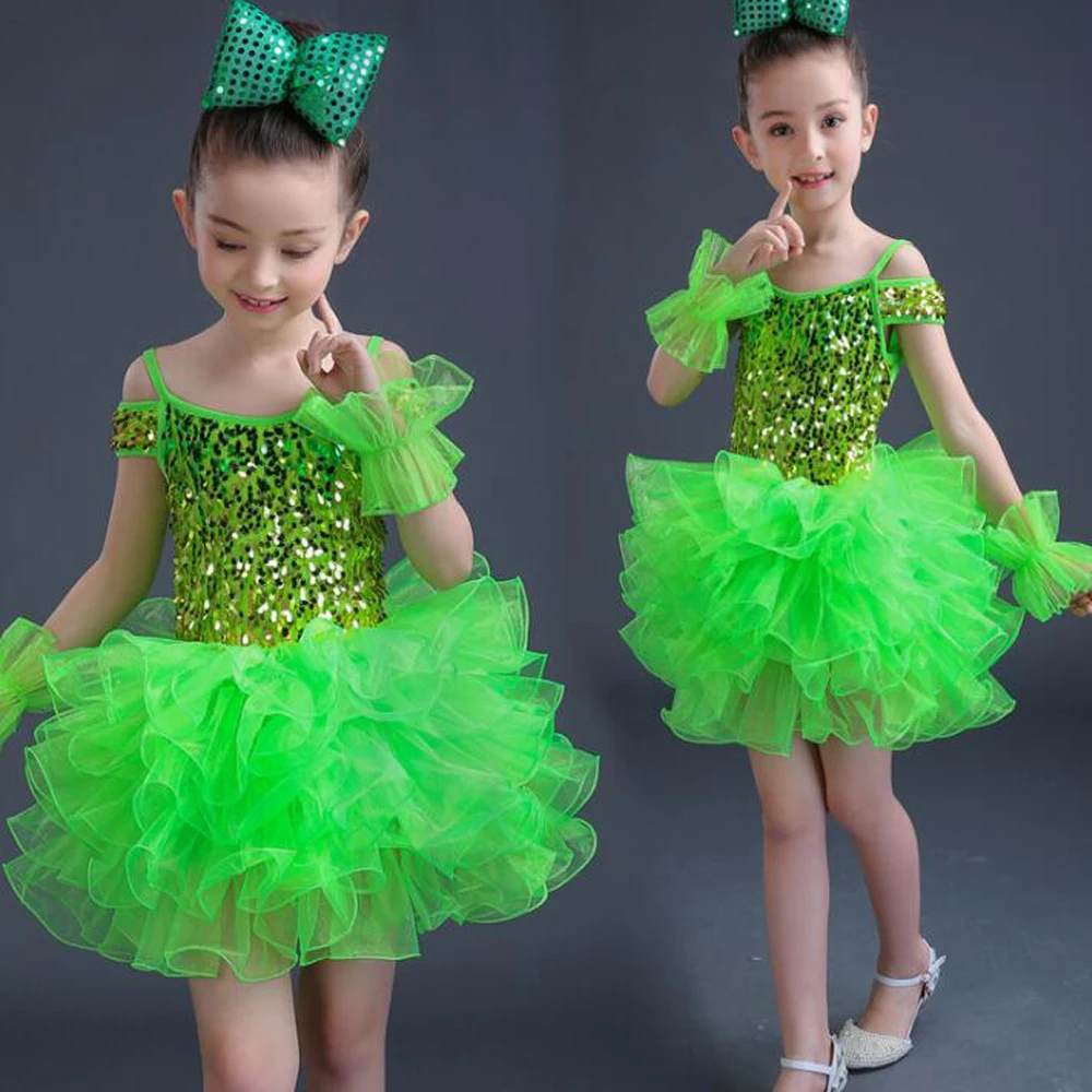 4 Colors Girl Princess dance wear Dress Ballroom Party Sequined Choir Performance clothes Thick Disorderly Yarn Dancing Outfits