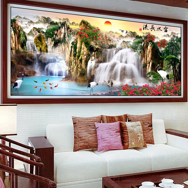 Needlework,DMC Cross stitch,full Embroidery kit set,sunset mountains waterfall Chinese printed pattern Cross-Stitch for gift
