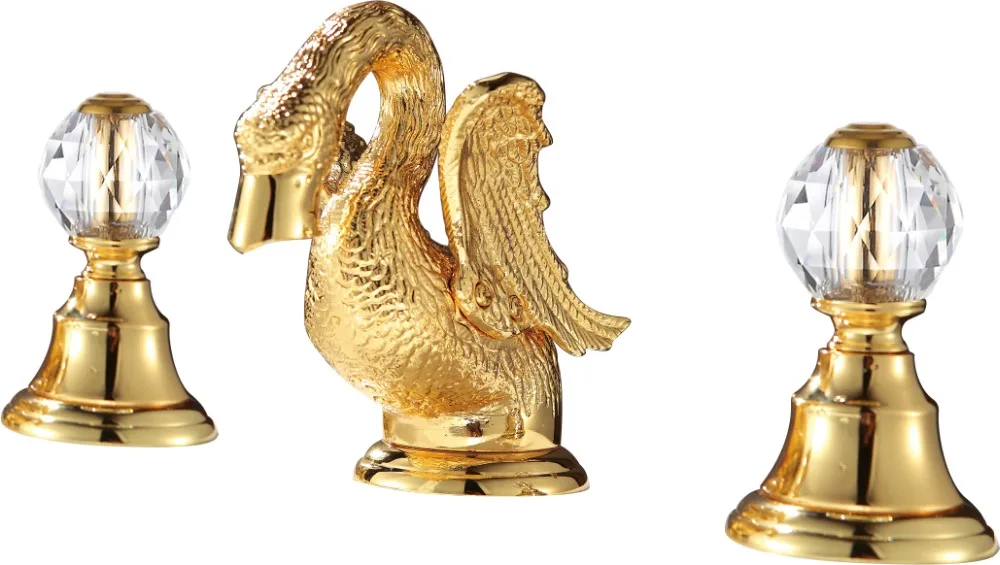 Free shipping gold finish 3 Pcs ROMAN lavatory sink faucet with crystal handles widespread cute little swan