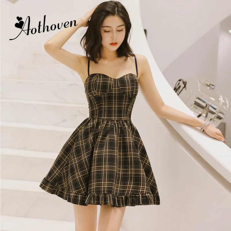 

Summer Vintage Plaid Ball Gown Dresses Spaghetti Strap Sleeveless Womens Dress Office Ladies Bandage Bodycon Sexy Party Dress