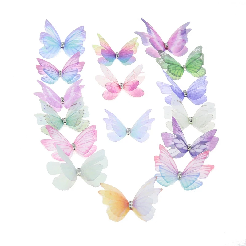 Rhinestones Double Layers Tulle Butterfly For DIY Hair Accessories Hairpin Making Simulation Gauze Butterfly Handmade Ornaments