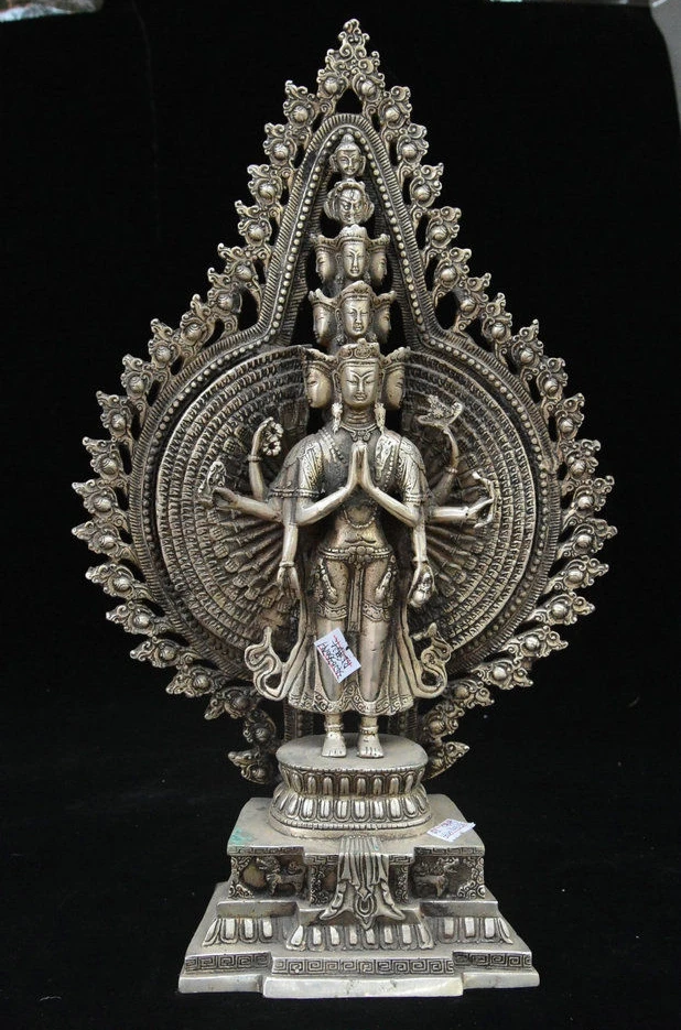 Old Tibet Buddhism Silver 1000 Arms Avalokiteshvara of Goddess Buddha God Statue