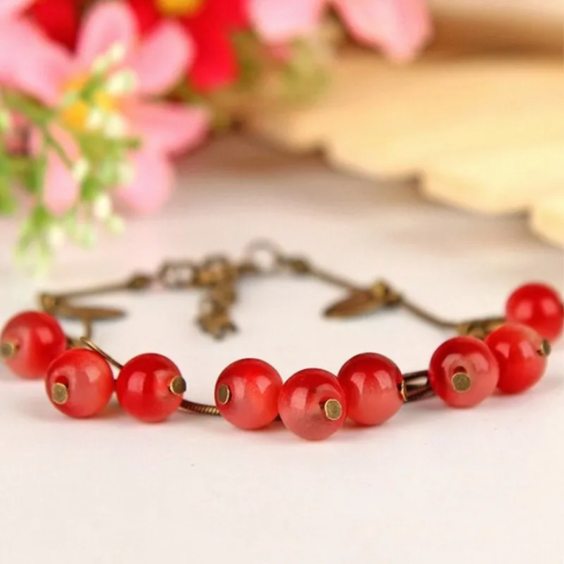 L030 Vintage Cute Chilli Coin Red Cherry Charm Beads Chain Bracelet & Bangle for Women Fashion Jewelry Gift mujer pulseras