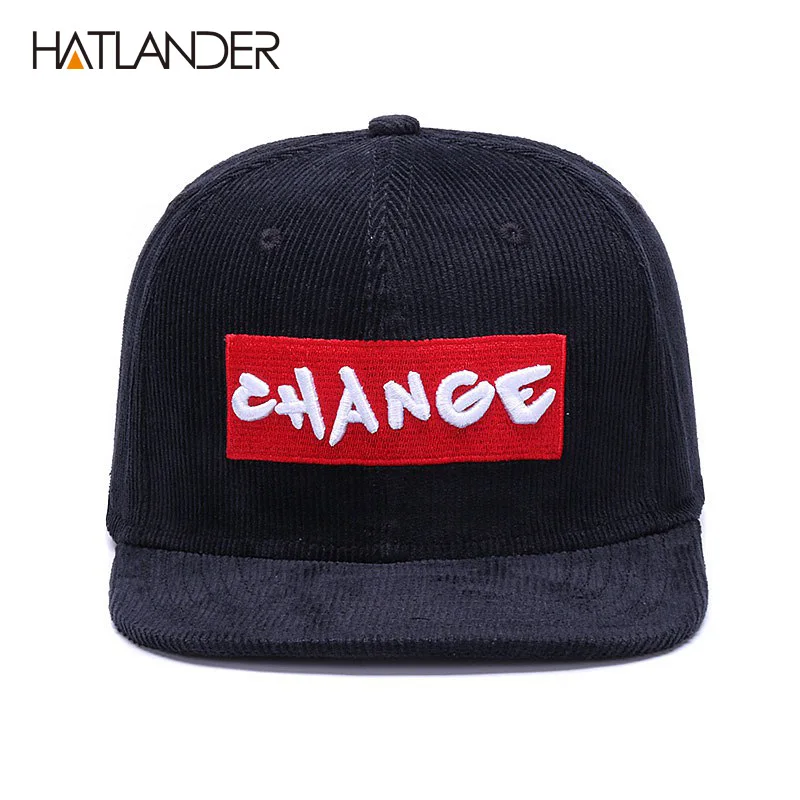 HATLANDER Brand black corduroy baseball cap original hats men snapback cap embroidery CHANGE letter sports flat brim hip hop hat