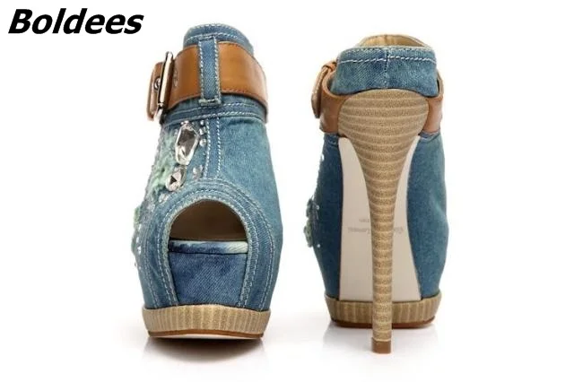 Boldees New Arrival Blue Denim Platform Slippers Women Stylish Jeans Crystal Buckle Decorated Peep Toe Sandals Stiletto HeelShoe