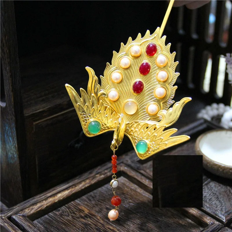 LYZ Hand Carving Phoenix Tassel Hair Stick with Agate Beads Chinese Traditional Hair Jewelry Vintage Handmade Hair Accessory