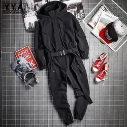 New Mens Hip Hop Cargo Jumpsuit Fashion Black Sashes Joggers Overalls Multi Pockets Work Rompers Streetwear Korean Clothes