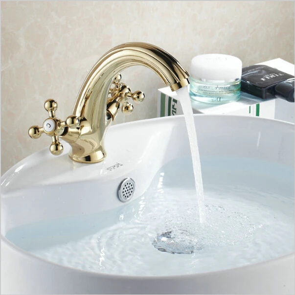 Basin Faucets Swan Neck Mixer Taps Golden Plated Hot and Cold Double Handle Deck Mounted Sink Faucet Crane G1014