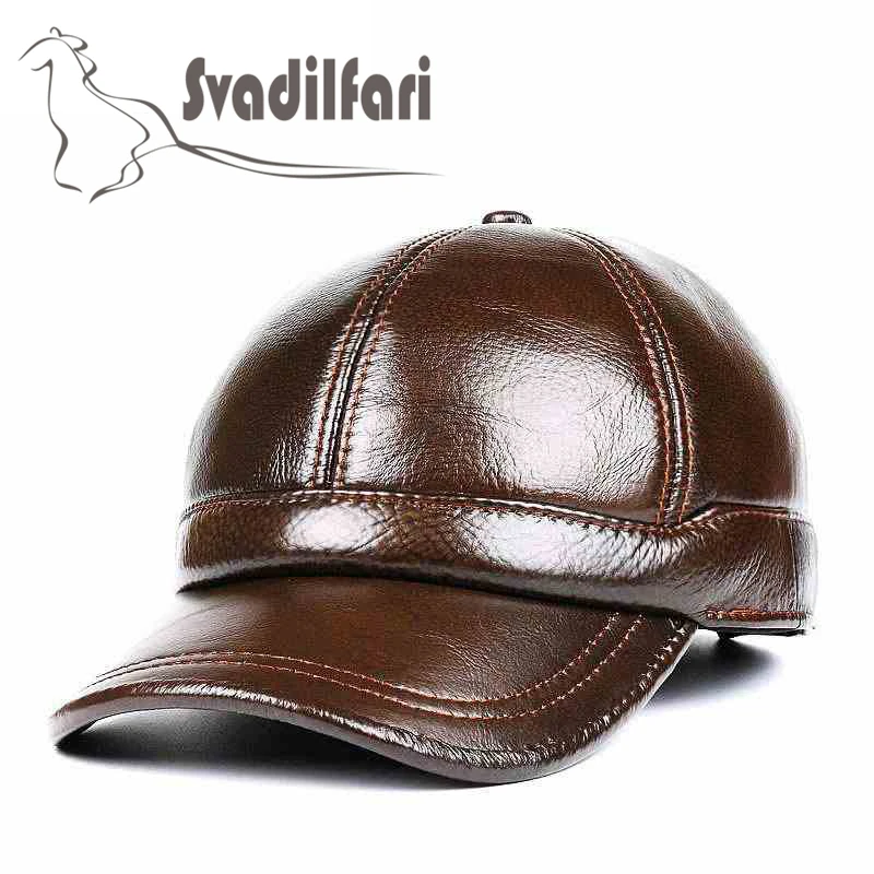 Svadilfari 2018 New Autumn Winter Real Cowhide Hat Men Women Genuine Leather Baseball Outdoor Warm Cap Ear Protector Dad Mom