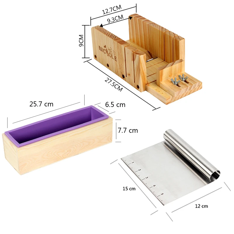 3 PCS Soap Making Tool Set Rectangular Silicone Mold with Adjustable Wooden Loaf Cutter Box and Stainless Steel Blade