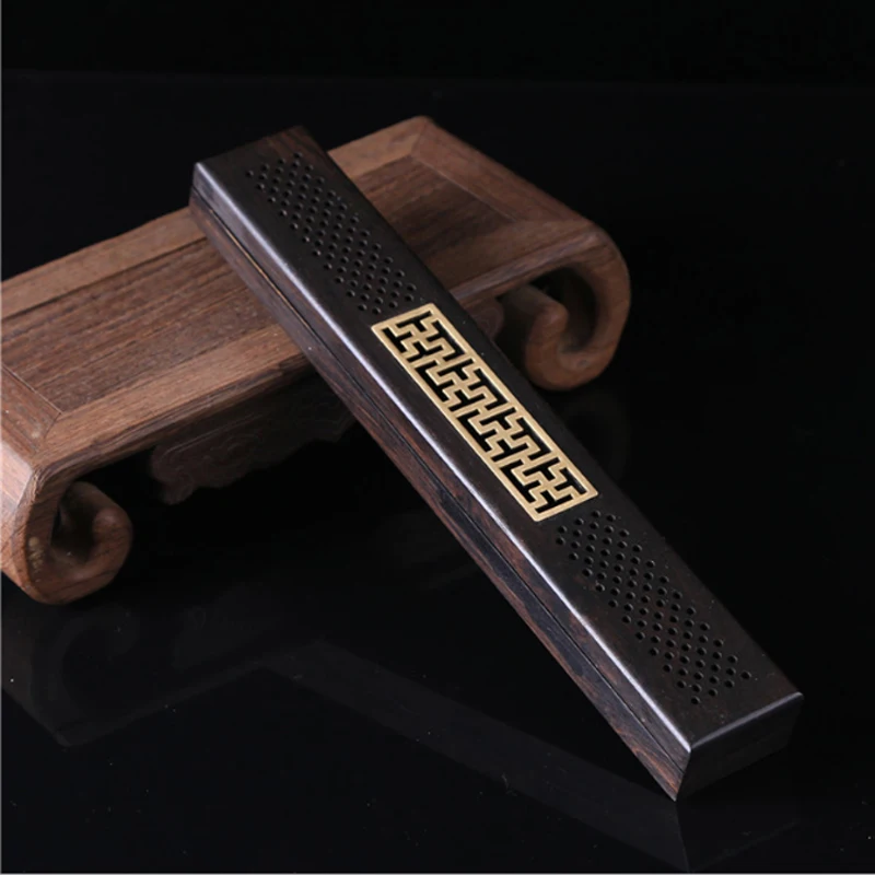 High Quality Handmade Ebony Black Sandalwood Wooden Hollow Incense Burner with Pure Copper Decoration Lying Incense Burner