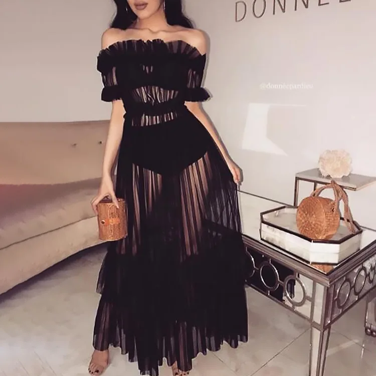 Women Ruffle Sexy Off Shoulder Mesh Swimsuits Cover-Ups, Sheer See Through Bikini Cover Up, Tulle Beach Long Dress, 3XL