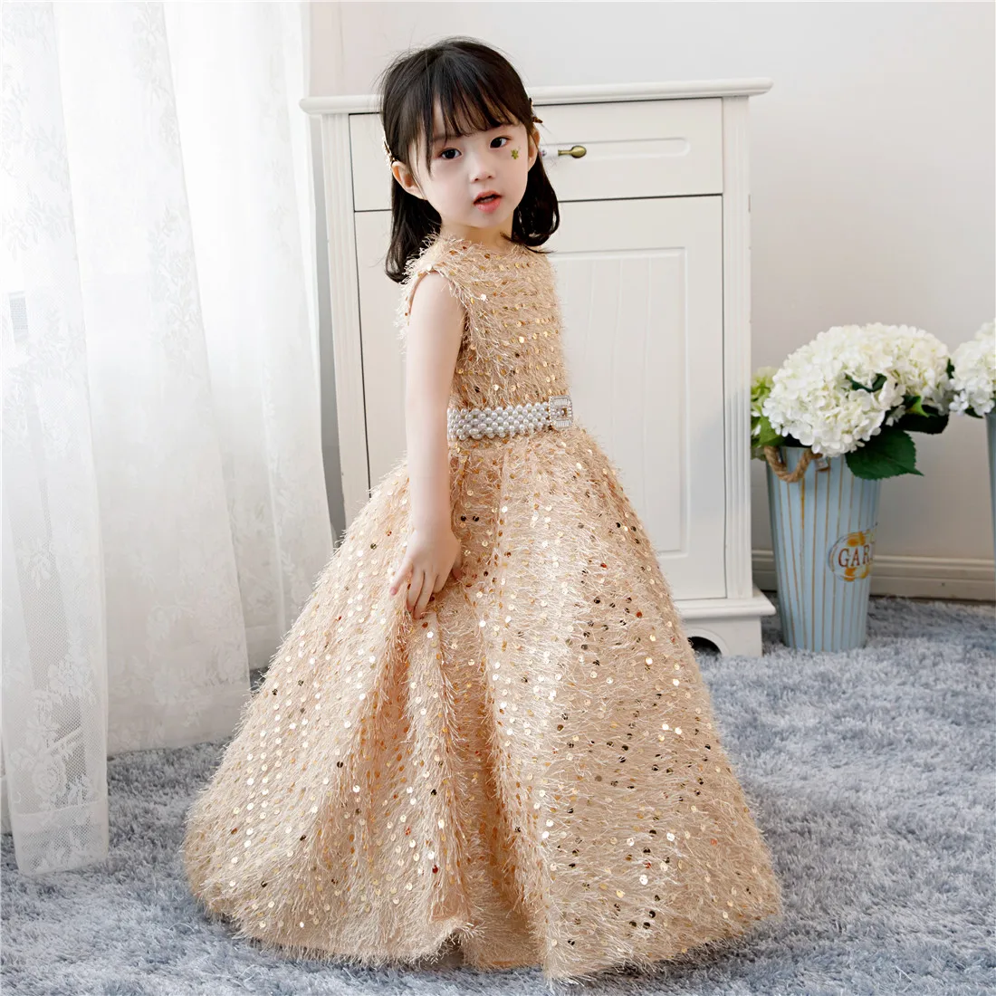 Golden Sequin Baby Girl Baptism Dress Toddler Girl Christening Gown Infant Kids Party Dresses for Little Girls 1 Year Birthday