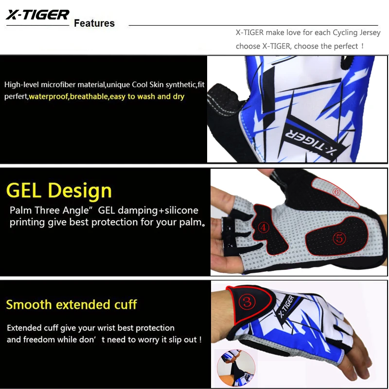 X-Tiger High Quality Hexagon 3D GEL Shockproof Sport Gloves Half Finger MTB Bike Gloves Cycling Gloves Bicycle Riding Gloves