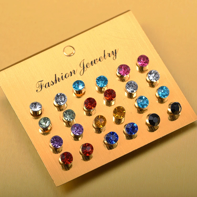 Explosion Models One Card Multi-color Small Fresh Color Shiny Zircon Small Earrings 12 Pairs Of Card Earrings Wholesale Brincos