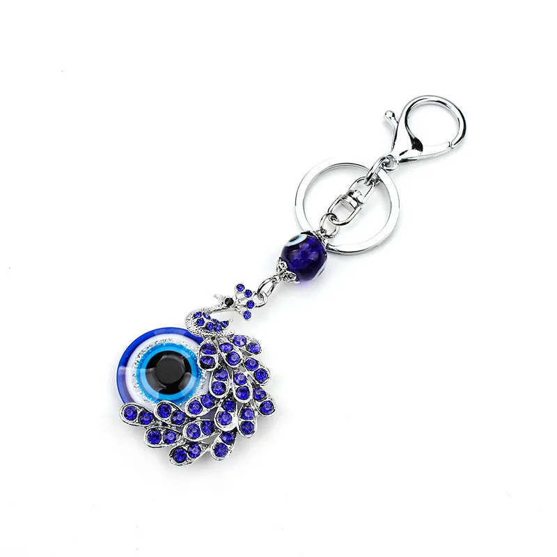 Fashion Blue Crystal Peacock Keychain Keyring Trinket Purse Bag Evil Eye jewelry