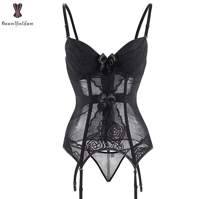 

Wholesale Cheapest Sexi Corset Lingerie Lace Transparent Padded Cup Bustier Lingeries Top Suspender Belt Straps Underwear Korse