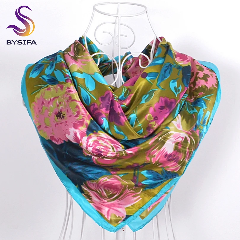 [BYSIFA] Winter Wholesale Silk Scarves New Accessories Ladies Green Cheap Head Scarves China 90*90cm Floral Hijab Scarves Wraps