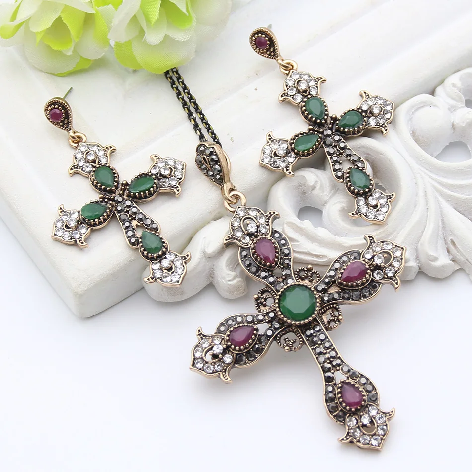 Vintage Turkish Flower Cross Jewelry Set Religious Antique Gold Color Jewelry Sets Cross Necklace Earrings Bridal Jewelry Sets