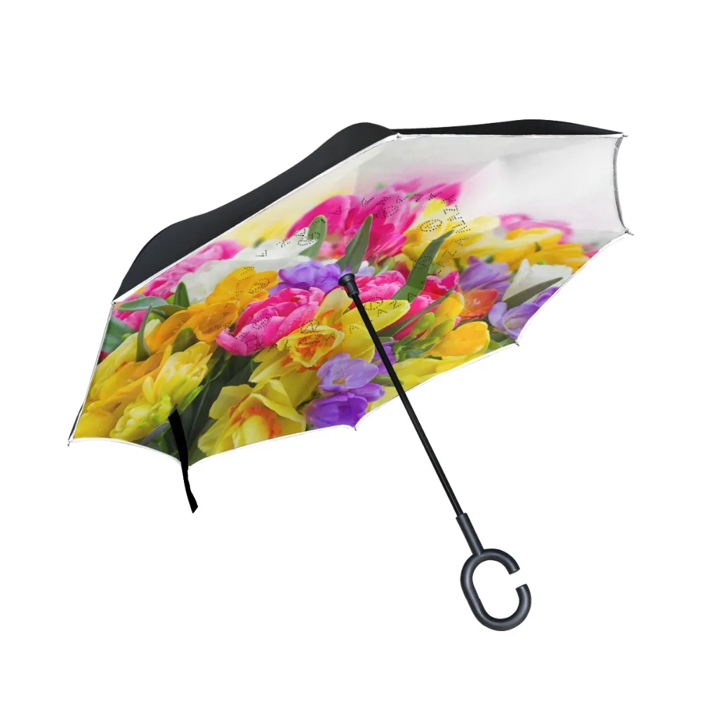 Colorful Flowers Printed Reverse Umbrella Double Layer Inverted Umbrella Self Stand rain/sun women/men high quality dropshipping