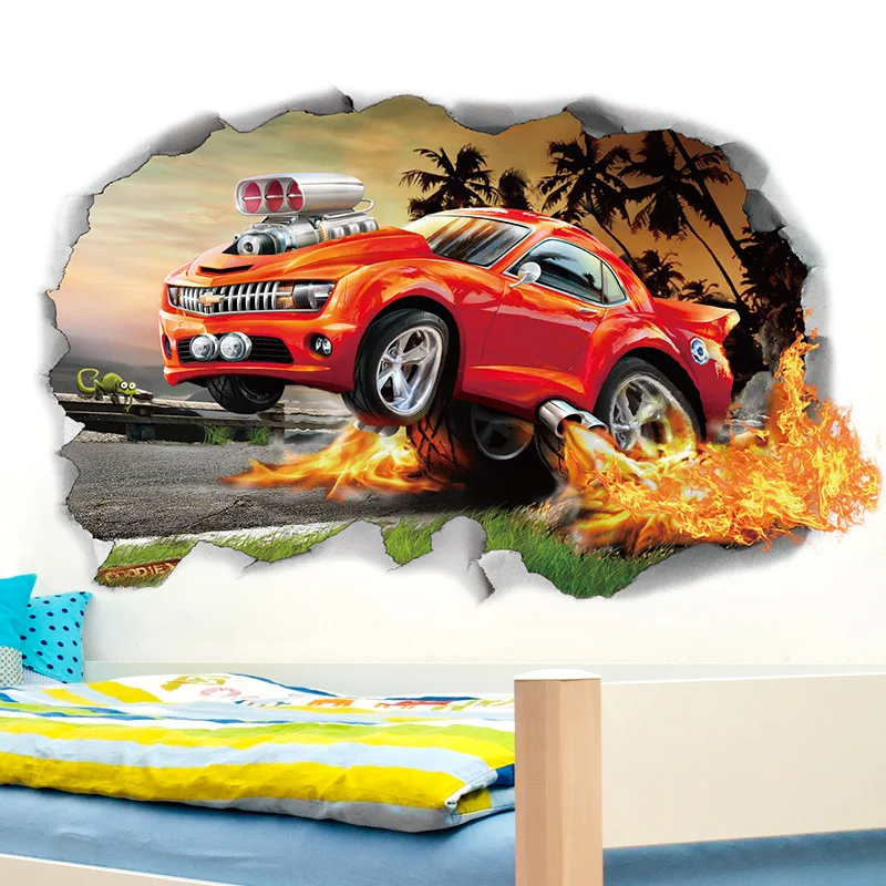 3D Broken Wall Chevrolet Car For Boys Bedroom Self Adhesive Kids Room Wallpaper Cartoom Car Poster Mural Wall Stickers