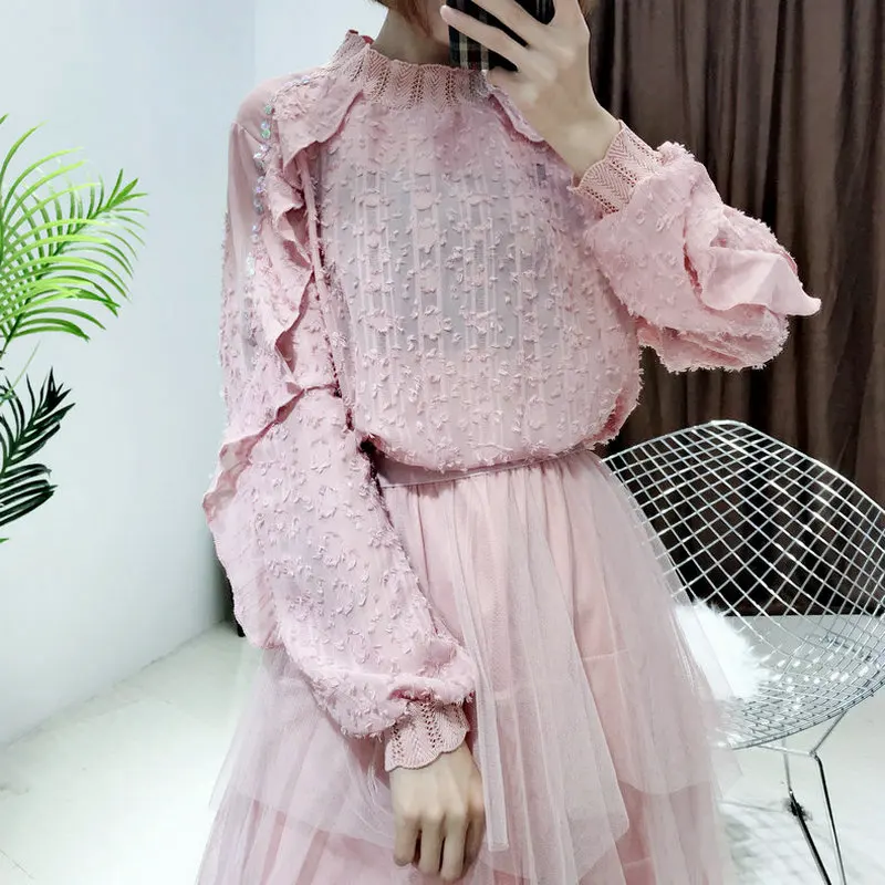 Blusa feminina chiffon manga comprida com lantejoulas, camisa feminina básica com babados em renda