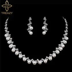 TREAZY Pearl Crystal Bridal Jewelry Sets Silver Color Waving Choker Necklace Earrings Sets for Women Party Wedding Jewelry Sets