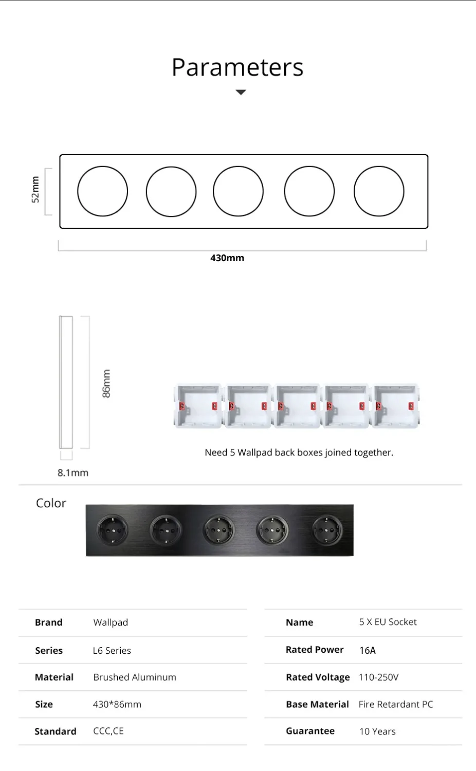 Wallpad 5 Way Wall Socket EU German Plug Electrical Outlet Schuko Black Brushed Aluminum Frame, 430*86mm, 110-250V