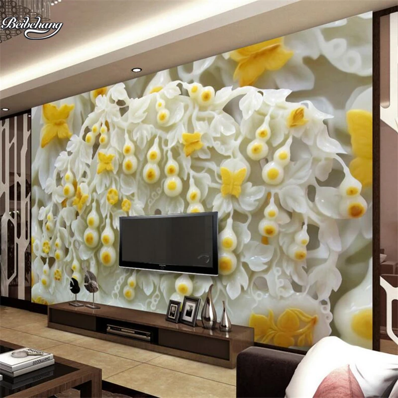 beibehang Jade carving butterfly gourd Fulu endless reliefs TV backdrop custom large fresco non-woven fabric wallpaper